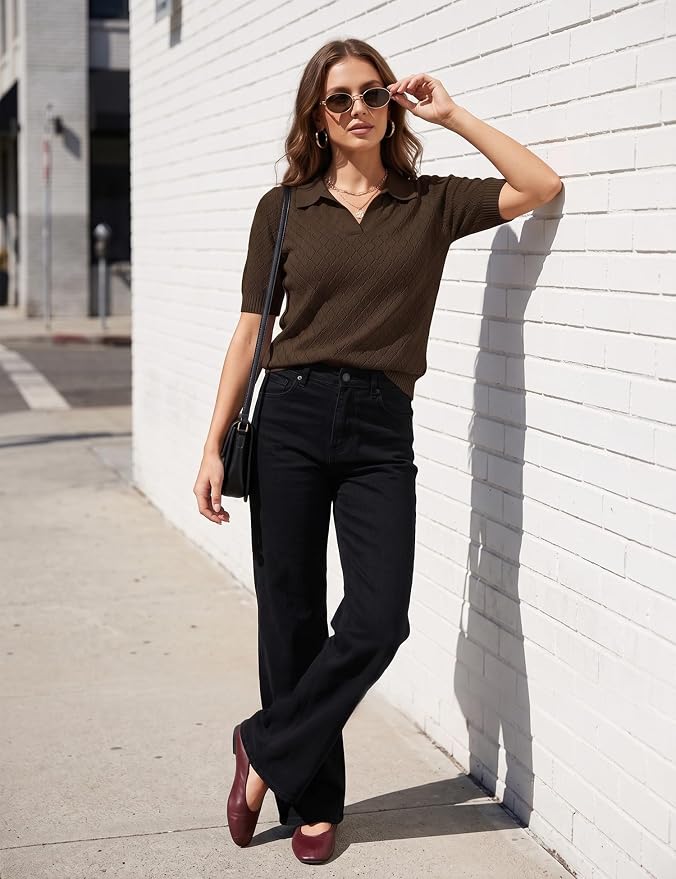 Rapbin Womens Short Sleeve Knit Polo Shirts Summer Spring Sweater Tops | Classic V Neck Collared Shirts Lightweight Business Casual Basic Fashion Pullover Polo Sweater for Work Formal Daily Wear