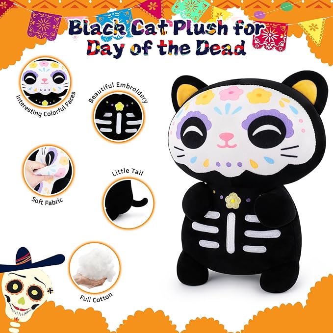 Achwishap Black Cat Stuffed Animal-14” Day of The Dead Cat Plush,Soft Cats Plush Toys Halloween & Día de Los Muertos Gifts for Kids,Cute Kitten Plushies,Kawaii Stuffed Pillow,Animal Pillow for Adults