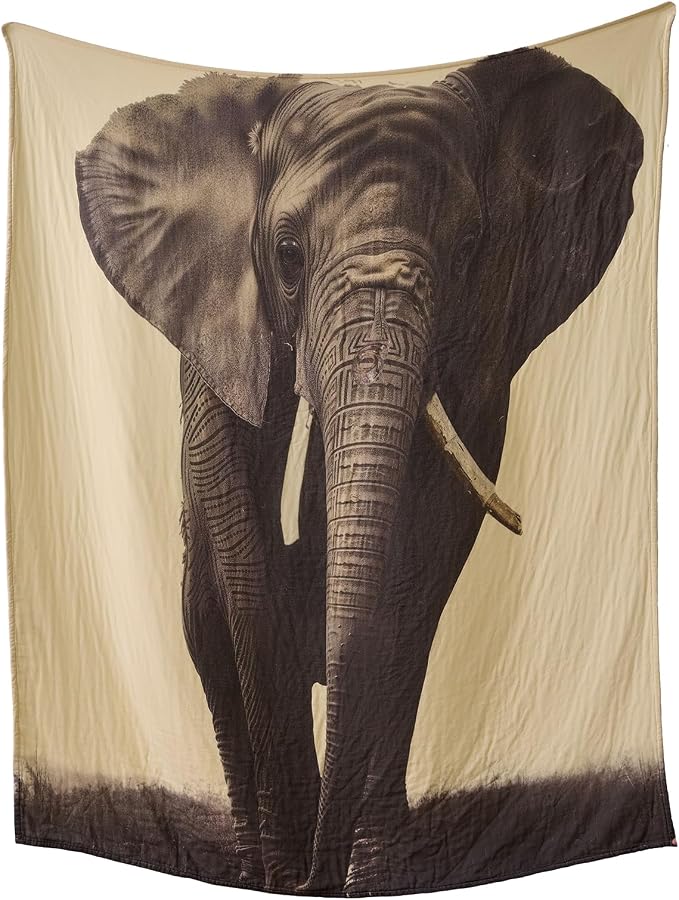 100% Cotton Boho Throw Blanket for Home Decor – Classic Farmhouse Quilt Bedding, Muslin Blankets for Adults, Vintage Woven Decorative Blanket for Couch, Bed Layering Use, Elephant Printed, 60"x80"