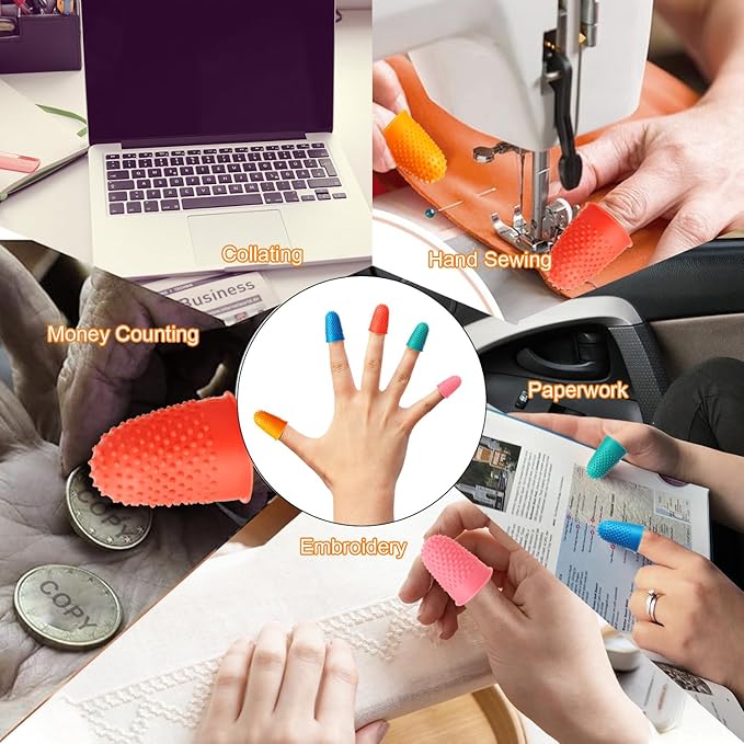 SATINIOR 20 Pcs Rubber Fingers Tip Finger Protectors Covers for Hand Sewing Reusable Grips Rubber Thimbles for Money Counting Collating Knitting Paperwork Hot Glue Sorting(Xs S M L XL,5 Colors)