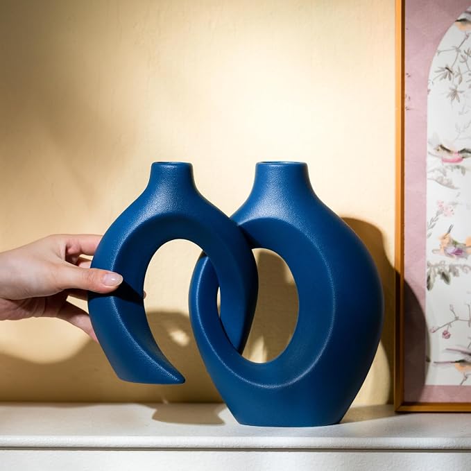 Snuggle Hollow Ceramic Vase Set of 2, 8.4 inch Modern Nordic Coastal Shaped Pampas Grass Aesthetic Decorative Table Vases for Home Decor (Matte Navy Blue - M)
