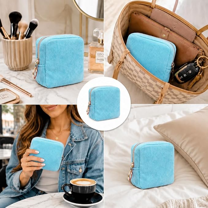 Period Bag for Girls, Corduroy Period Kit with Sanitary Pad Pouch, Menstrual Storage Bag and Tampon Holder for Purse, Girls School Essentials,Feminine Care Organizer(Sky Blue)