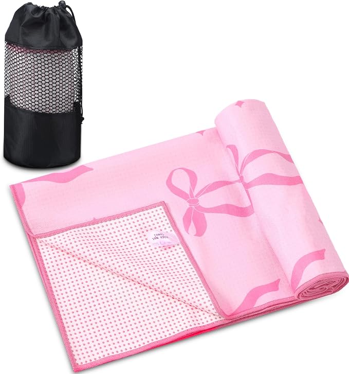 Breling Pink Bow Yoga Mat Towel with Grip Dot Preppy Coquette Bow Non Slip Ultra Absorbent Soft Microfiber Towel Without Hot Yoga Mat 72 x 24 Inch for Pilates Fitness Gym Women Birthday Gifts