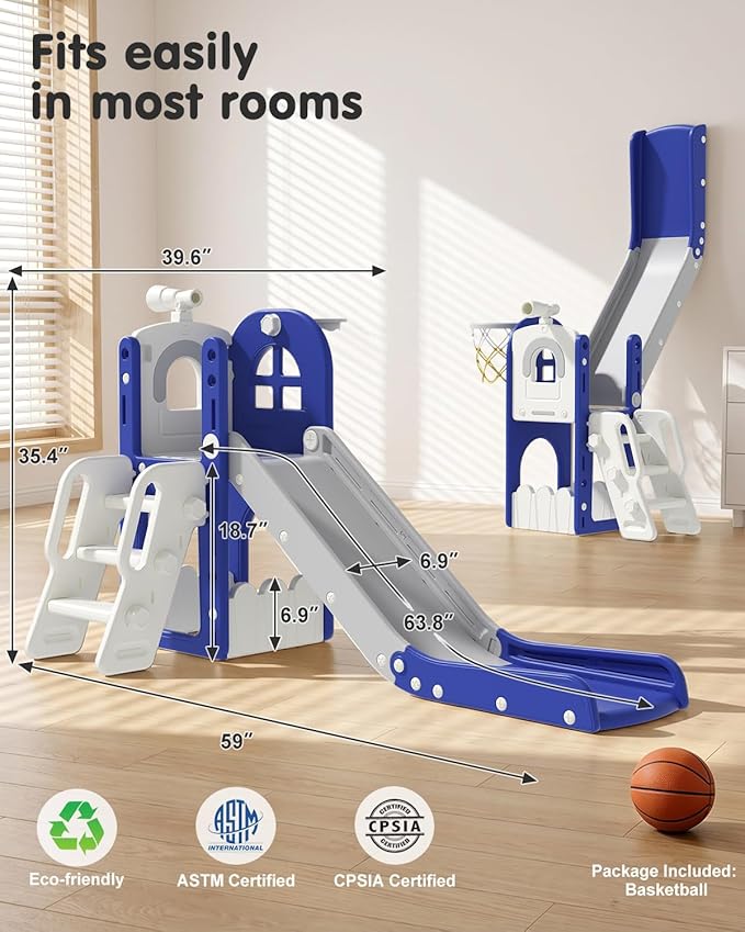 Babytronic Toddler Slide for Kids 1-3, 6-in-1 Toddler Slide Set with Basketball Hoop & Telescope, Indoor Outdoor Toddler Playset, Kids Climber Playset for Small Spaces, Indoor Playground, Blue & Gray