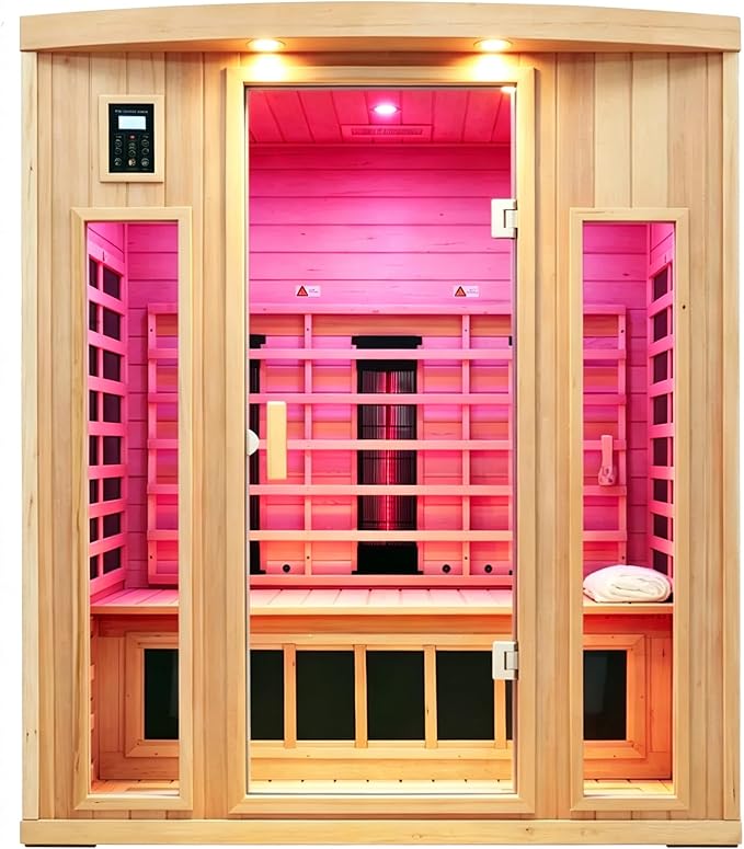 Ceramic Infrared Sauna 3 Person, Low EMF Infrared Saunas for Home, Hemlock Indoor Sauna Room, 2- in - 1 Heating Panels, Bluetooth Speakers, Chromotherapy Lights