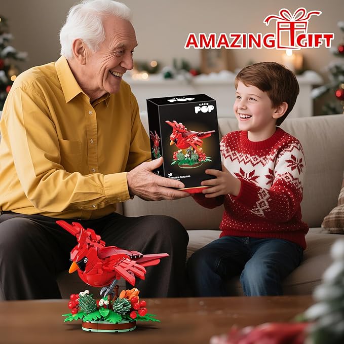 Northern Cardinal Building Block Set, Male Northern Cardinal Fly in Winterberry Plant Bush, Red Bird Figurine, Ideal for Home and Office Décor, Christmas Toy Gift for Kids, Adults
