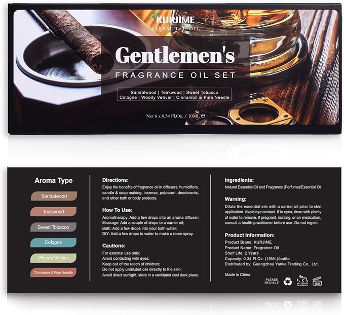 Essential Oils Set, Men Scents Fragrance Oil Essential Oils for Diffuser - Sandalwood, Teakwood, Sweet Tobacco, Cinnamon & Pine Needle, Woody Vetiver, Cologne Aromatherapy Oils for Men, 6x10ml