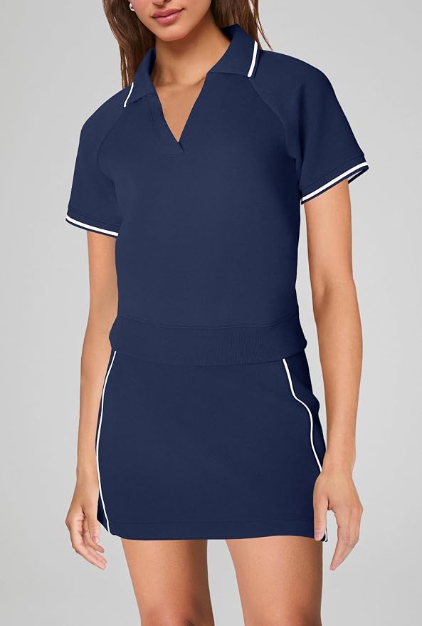 Womens Workout Sets 2 Piece Outfits V Neck Short Sleeve Polo Shirt and Tennis Skort Set with Pockets