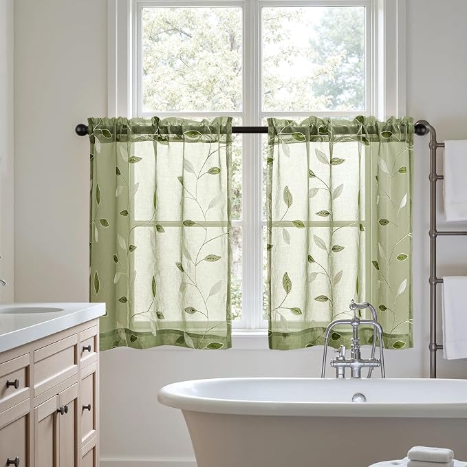 MIULEE Sage Green Sheer Curtains 2 Panels Embroidered Leaf Patterned Rod Pocket Floral Semi Sheer Faux Linen Short Window Curtains Drapes Set for Kitchen Bathroom Cafe, 30x30 Inches Length
