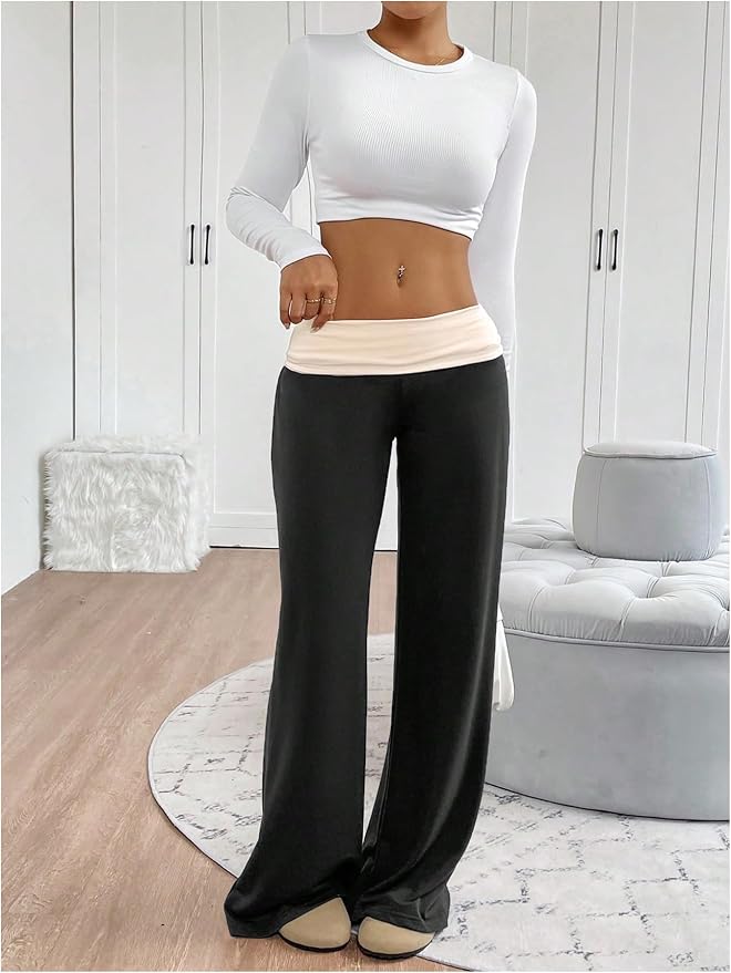 SOLY HUX Women's Sweatpants Color Block Low Rise Fold Over Waist Baggy Wide Leg Pants