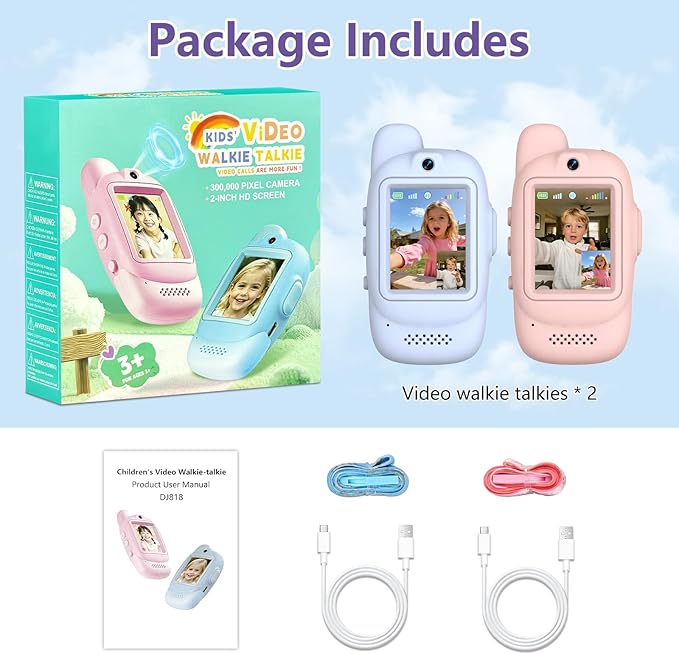 Video Walkie Talkies for Kids, 2 Pack Rechargeable Video Walkie Talkies, 1000 mAh Battery, HD Camera, Voice Changer, for Family Fun, Camping and Travel, Ages 3-12, Blue and Pink