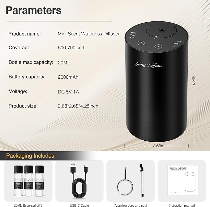 Waterless Essential Oil Diffuser Starter Kit - No Water Needed, Battery Operated Mini Scent Air Machine, Included 3x20ML Essential Oils, Portable Aromatherapy Diffuser for Home & Car & Office, Black