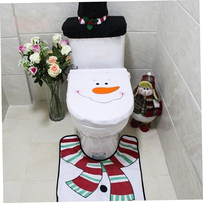NIDONE Toilet Seat Cover, Christmas Bathroom Sets Includes Xmas Theme Snowman Toilet Seat Cover, Rugs, Tank for Xmas Indoor Decor Party Favors