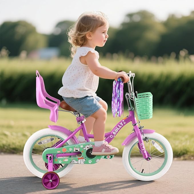 RULLY 12-16 Inch Girls Bike with Doll Seat Basket and Training Wheels for 2-6 Years Children