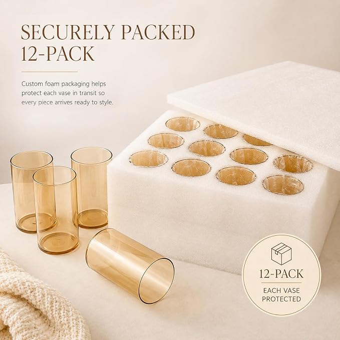 12pcs 6 Inch Gold Amber Glass Cylinder Vases for Centerpieces | Flower Vases for Wedding, Home & Party Decor, Hurricane Floating Candle Holders for Table & Shelf