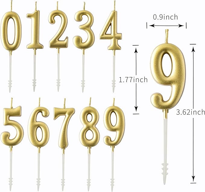 PHD CAKE 10-Pieces Gold Numeral Birthday Candles, Cake Numeral Candles Number 0-9 Glitter Cake Topper Decoration for Birthday,Wedding Anniversary,Party Celebration