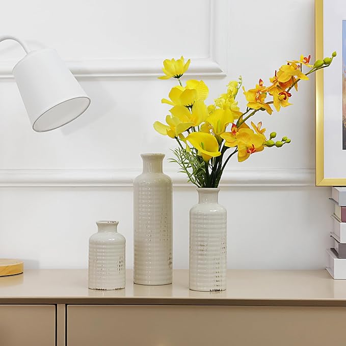 White Ceramic Vase Set of 3, Rustic Vase for Farmhouse Shelves Waterproof | Farmhouse Vases for Pampas Grass & Dried Flowers, Rustic Vase for Table Bookshelf, Living Room