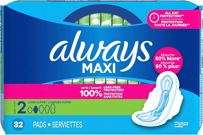 Always Maxi Feminine Pads for Women, Size 2 Long Super Absorbency, with Wings Unscented, 32 Count