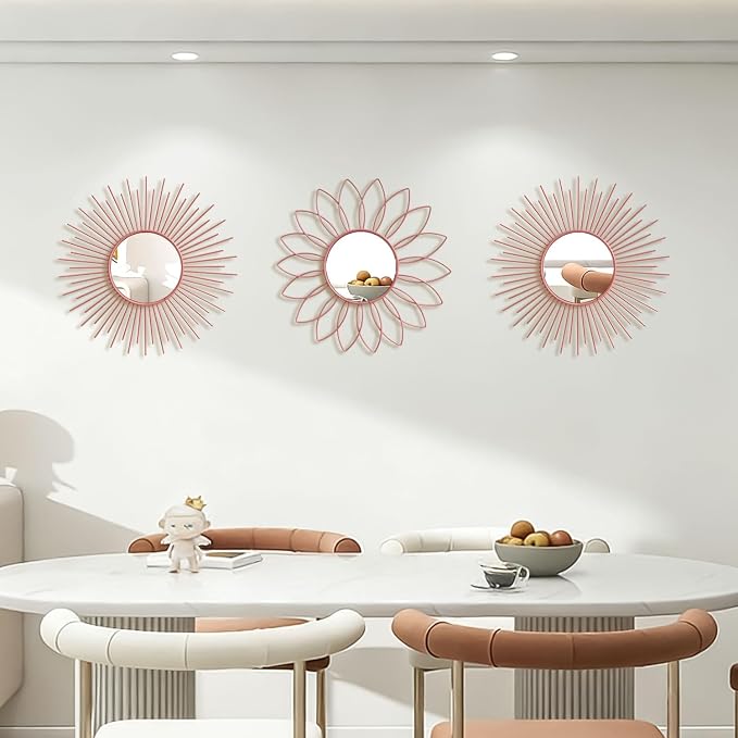 3 Pack Metal Mirrors for Wall Sunburst Wall Mirrors Home Décor Decorative Hanging Wall Art for Living Room Bedroom Entryway (Pink, Flower+Sunburst)