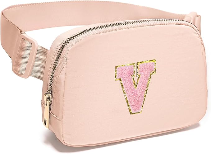 Gitus 6 7 8 9 10 Year Old Girl Gifts Belt Bag Fanny Pack Crossbody Bags with Initial Letter Patch Things for Teen Girls Easter Gifts for Girls Travel Essentials(Coral Pink-V)