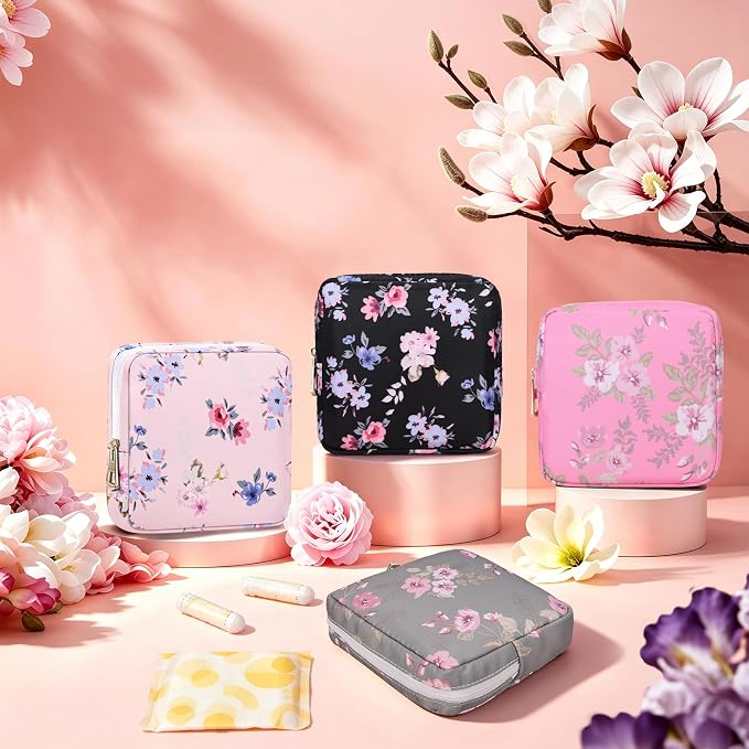 Canvas Period Pouch Discreet Period Underwear Bag Pad Bags | Menstrual Cup & Pad Holder, First Period Kit Storage, Feminine Bag for Women, Portable, Flower Print