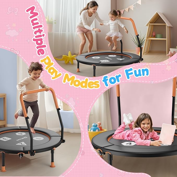 BCAN BT1 36'' Toddler Trampoline, ASTM Certified-Foldable Mini Trampolines for Kids Ages 1-6, Adjustable Handle, Safety Pad & Foldable Legs, Baby Trampoline Indoor/Garden, Gift for Boy and Girl