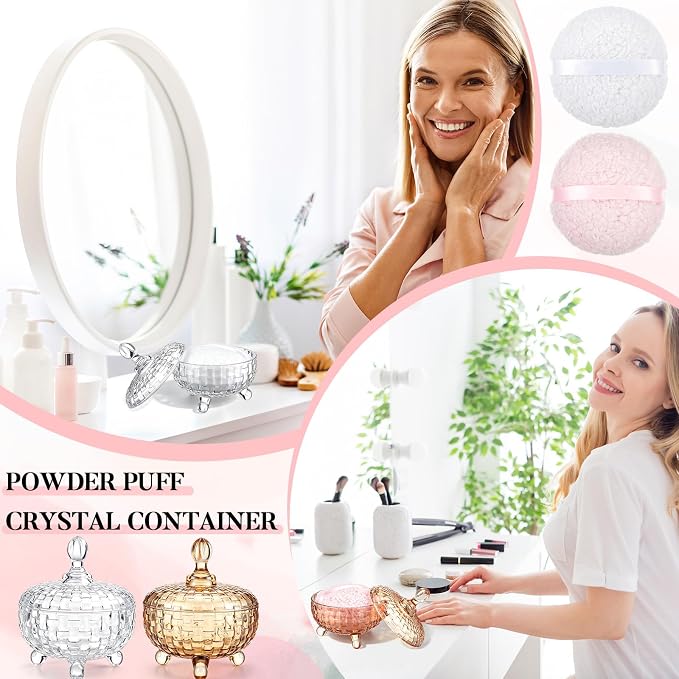 Tioncy 2 Set Extra Large Body Powder Puff and Container, 6'' Washable Vintage Decorative Crystal Powder & Container Gift for Bathroom Counter & Feminine Vanity Decor(Weave Design,Amber and Clear)