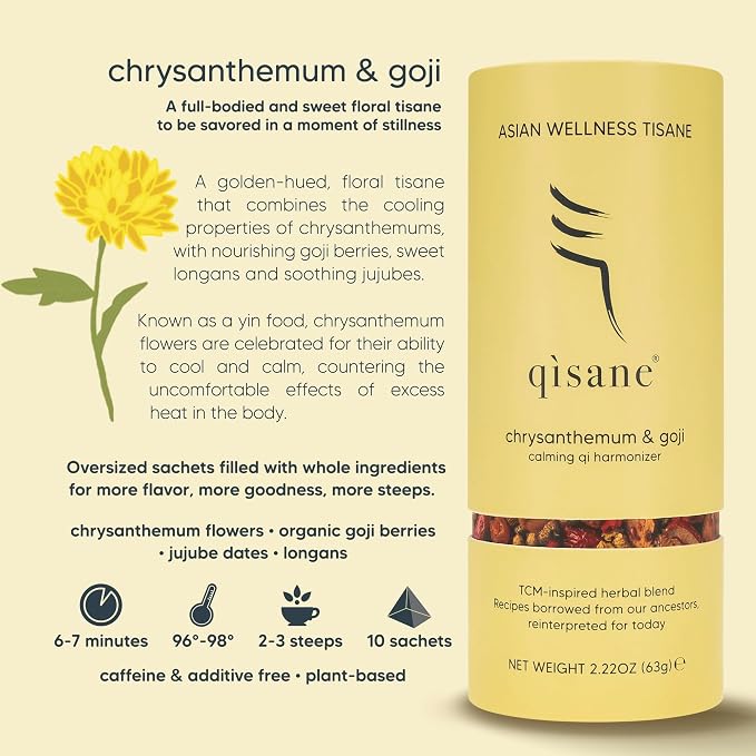 qìsane Chrysanthemum Tea Bags with Dried Goji Berries Organic - Dried Chrysanthemum Flowers, Dried Longan Fruit & Jujube Dates - Herbal Tea Bag to Support Calmness - 10 sachets (~30 cups)
