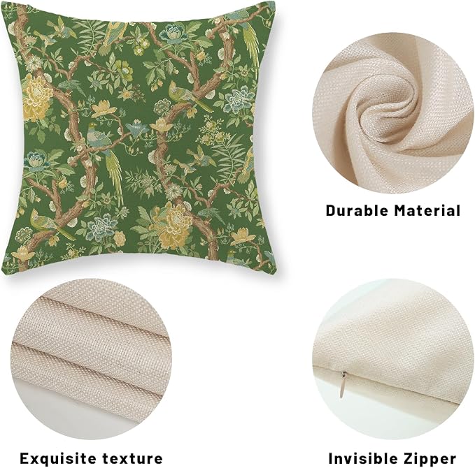 Floral Bird Pillow Covers 18x18 Set of 2 Chinoiserie Green Throw Pillow Covers Vintage Flowers Bird Decorative Pillow Cases Outdoor Chinoiserie Decor Farmhouse Cushion Case for Couch Sofa