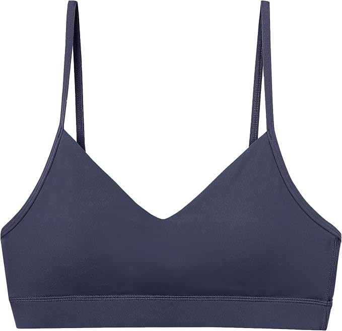 Oalka V Neck Sports Bra for Women Adjustable Padded Thin Straps Wireless Yoga Bras