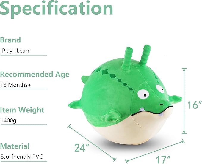 iPlay, iLearn Bouncy Pals Toddler Gator Hopper Ball W/Handle, Kids Plush Ride on Bounce Toy, Inflatable Hopping Animal W/Pump, Spring Outdoor Sit Jump, Birthday Gift for 2 3 4 5 6 Year Old Boy Child