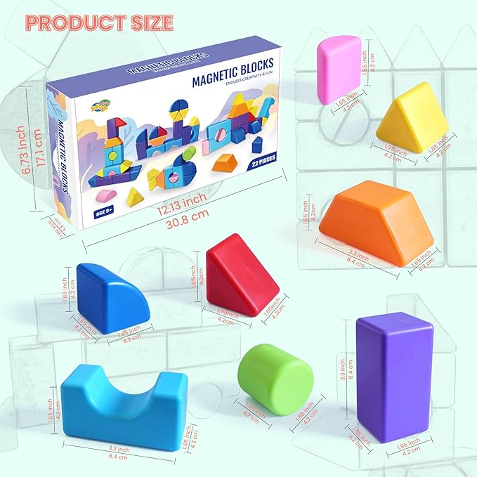 Big Multi-Shape Magnetic Building Blocks, 1.65 Inches Magnetic Toy Set for Toddlers, 8 Colors Montessori Sensory Construction Kit for Boys and Girls 3 4 5 6 Years Old (22PCS)