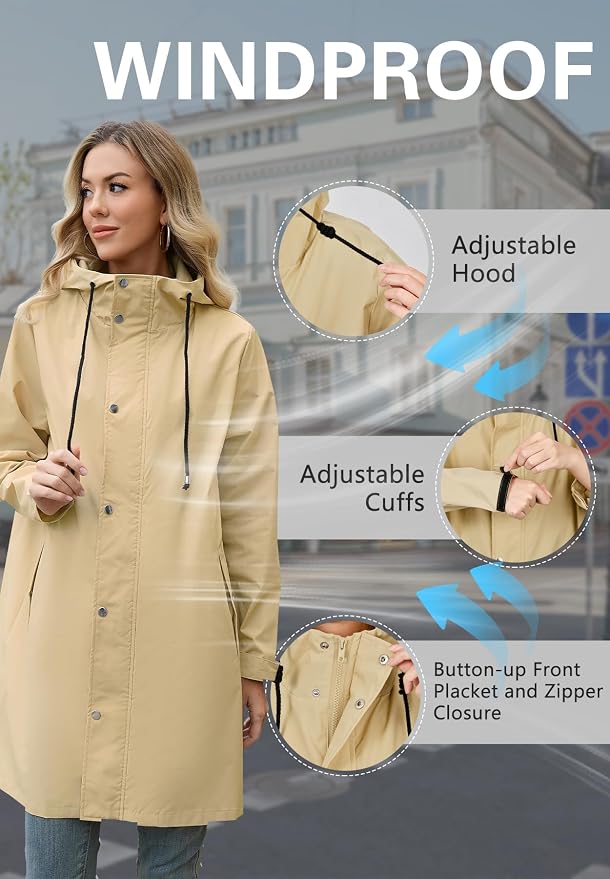 Zando Long Packable Rain Jacket Women Waterproof Raincoat with Hood | Relaxed-Fit Lightweight Windbreaker for Women; Travel Rain Coats for Commute, Hiking, Cruise, and Daily wear