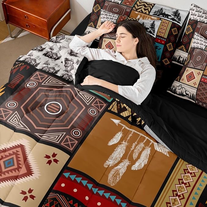 Feelyou Rustic Bear Comforter Set with Sheets 7 Piece King Size Farmhouse Cabin Hunting Deer Bedding Set for Kids Boys Girls Retro Bohemian Bed in a Bag Buffalo Plaid Room Decor Soft Microfiber