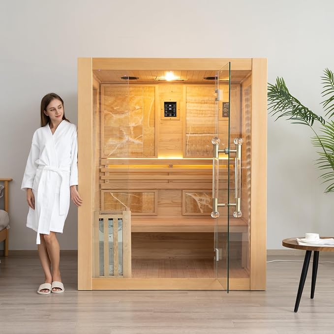 Smartmak Wood Home Steam Sauna, Customized WiFi Control 1-6 Person Canadian Hemlock/Red Cedar Traditional Luxurious Wooden Indoor Spa Room, Heating Stove, Speaker, Rocks, Water Bucket, Lights, 194℉
