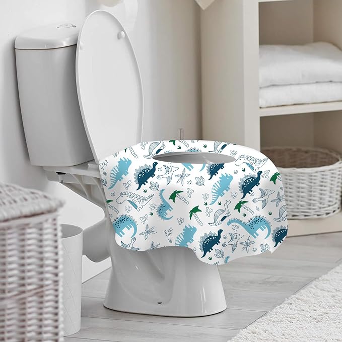 DEEKI Toilet Seat Covers Disposable, 40 Pcs XL Waterproof for Kids Adults, No-Slip Clean Safety Covers for Toddler Potty Training, Portable for Travel and Public Restrooms Toilets Airplane -Dinosaur