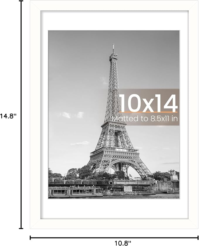 upsimples 10x14 Picture Frame, Display Pictures 8.5x11 with Mat or 10 x 14 Without, Wall Hanging Diamond Frames, White, 1 Pack
