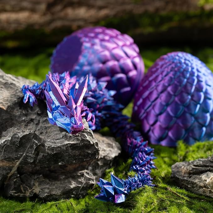 Pigmiss 2Packs 3D Printed Dragon Egg Crystal Dragon Fidget Toy Full Articulated Dragon Mystery Dragon Eggs with Dragon Inside Home Office Desk Decor Gifts Toys (Purple+Rainbow)