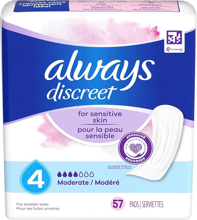 Always Discreet Incontinence Pads for Women with Bladder Leaks, Sensitive Skin Pads Moderate Absorbency, Regular Length, 57 Count (Pack of 3)