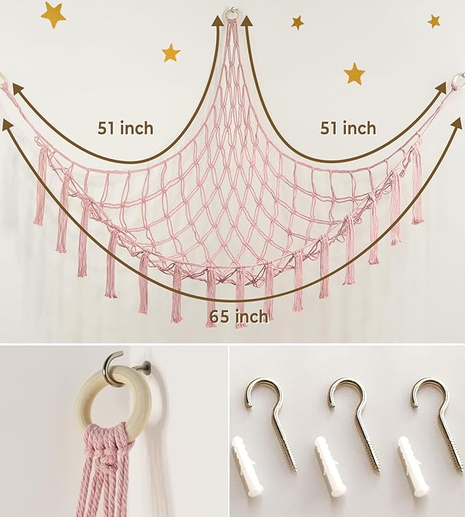 Stuffed Animal Storage Hammock or Net Corner - Large Toy Hammock Net for Stuffed Animals Room Decor - Cute Stuff Animal Organizer Plush Holder - Kids Baby Nursery Essentials Wall Bedroom Home Decor