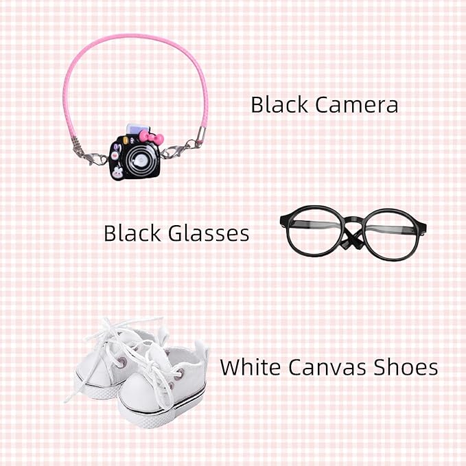17cm Doll Designer Clothes, La Booboo Doll Summer Outfit Set Accessories with Tshirt, Green Overall, Black Camera, Glasses, Shoes, Demin Bucket Hat, Green