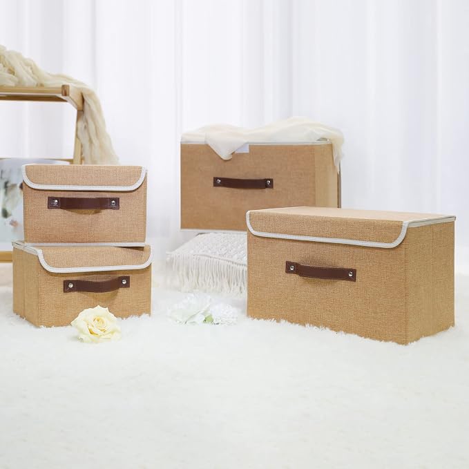ANMINY Fabric Storage Box Bins with Lids, Khaki, 15"x10"x10", 2 Pack | Keepsake Memory Storage, Cotton Linen, PP Board Reinforced, Washable, PU Handles, Foldable & Stackable, Decorative, Large