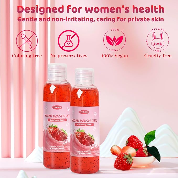 2 PCS Yoni Wash, Natural Feminine Wash for Women Ph Balance, Yoni Body Wash Soap Vaginal Wash Gel for Intimate Moisturizing Deodorant Remove Odor, Strawberry Scent