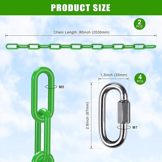 SELEWARE 2 Pack 80 Inch Hanging Swing Chain with 4 Carabiners, 1000LB Capacity Plastic Coated Hanging Chains, Hammock Hardware Kit for Swing, Hanging Chair, Punching Bags, Indoor Outdoor Gym (Green)