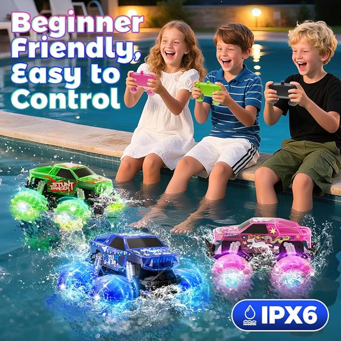 Drefirsa Amphibious Monster Truck Toy, Waterproof Remote Control Car, 4WD Off-Road RC Truck with Colorful Light, RC Stunt Car Toy for 4-7 8-12 Year Boy Birthday Gift Present
