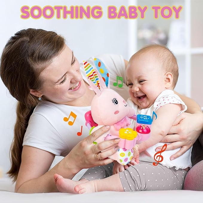 Baby Bilingual Musical Rabbit Stuffed Animals Toys,Infant Early Learning Toy with Light-Up Music & Crinkle,Tummy Time Toys for 0 3 6 9 12+ Months for Baby Boy Girl Gift,Pink