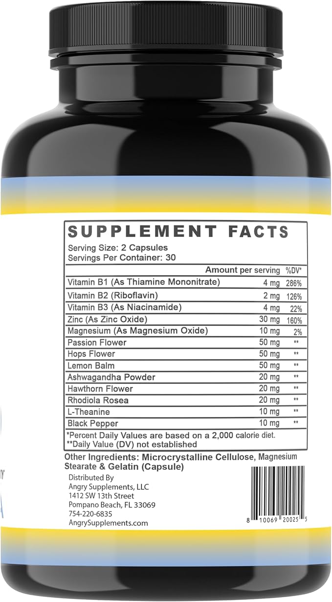 Angry Supplements Stress Less Day-Time Mood Support Pills – Natural Stress Relief with Ashwagandha, Rhodiola, L-Theanine, Magnesium & B Vitamins– Calm Focus & Mental Clarity – 60 Capsules (1-Bottle)