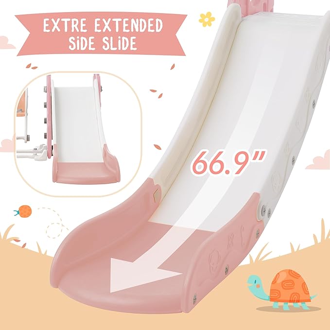 4 in 1 Toddler Slide Swing Set Freestanding Slide Climber Playset with Basketball Hoop Indoor Outdoor Playground Equipment for Kids Gifts Pink+White