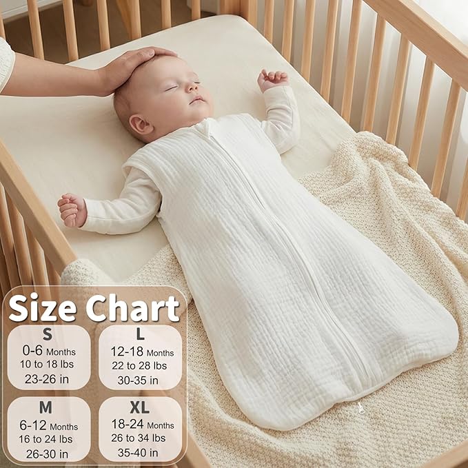 BSTOPPT 2 Pack Baby Sleep Sack 18-24 Months 100% Organic Cotton Muslin Baby Sleeping Bag 2-Way Zipper Wearable Blankets TOG 0.3 (White & Light Gray, X-Large)