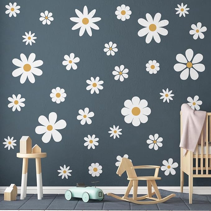 TaoBary 12 Sheet Daisy Wall Sticker Decal,White, Yellow,Classic Style | Big Flower Wall Sticker, Pink White Floral Decal, Daisy Bedroom Room Decor, Removable Peel and Stick, Nursery Home Wall Decor